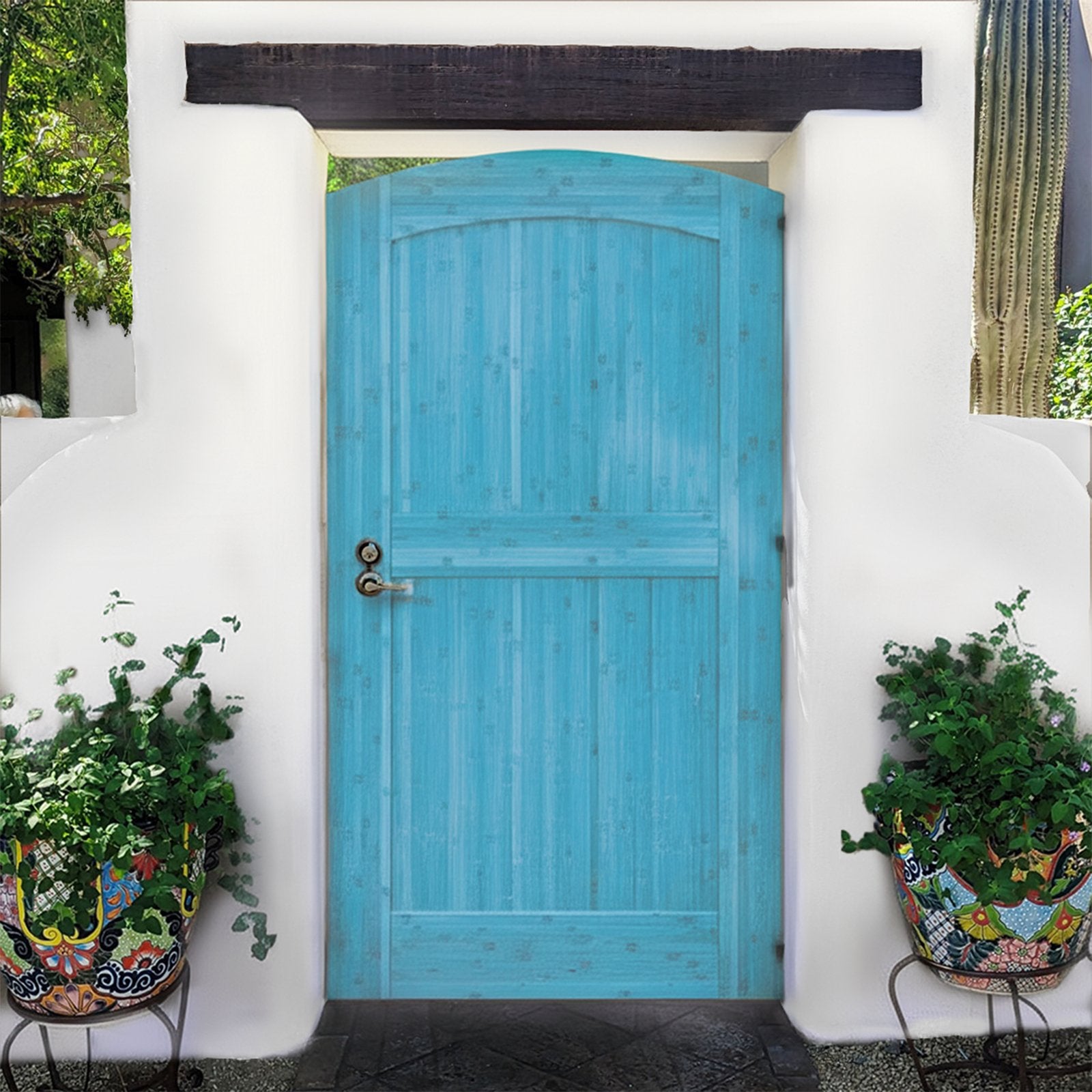 Turquoise-painted arched bamboo gate