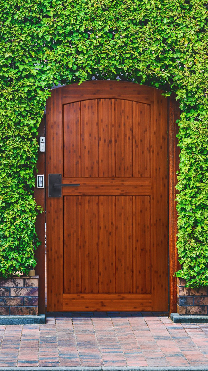 Umber-stained arched bamboo gate set in an ivy-covered wall